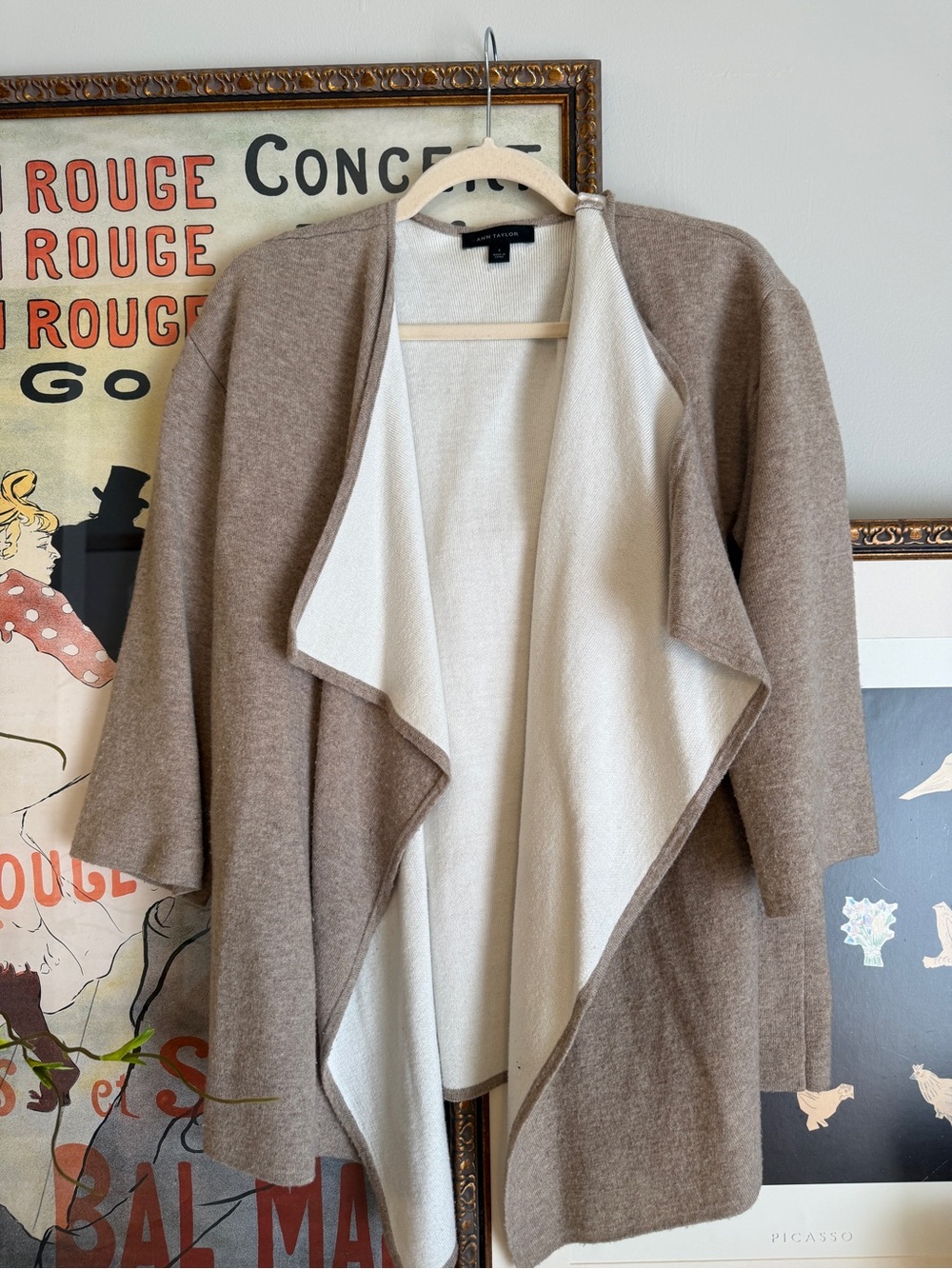 Ann Taylor Open-Front Cardigan in Taupe and Cream